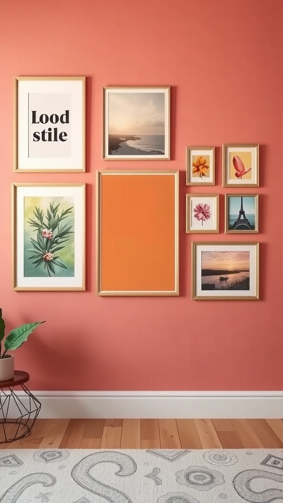 A gallery wall with various framed artworks on a coral background.