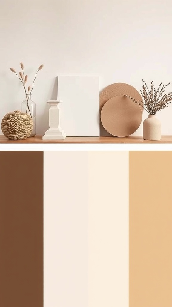 A display of earthy tones and neutrals in Japandi style decor, featuring vases, plates, and a color palette.