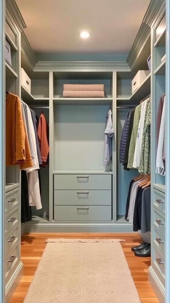 A cozy walk-in closet featuring soft blue-green walls, wooden flooring, and neatly organized clothes.