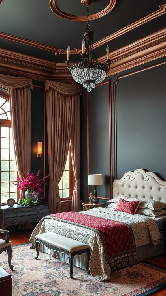 A luxurious bedroom featuring jewel tones with dark walls, elegant bedding, and a chandelier.