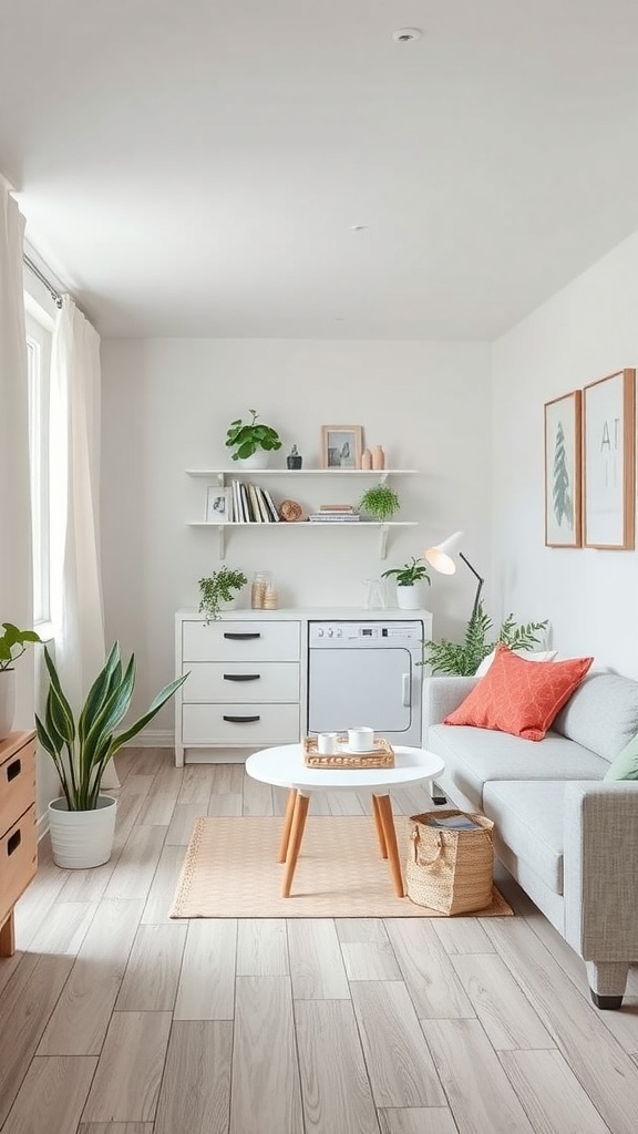 A cozy small living room with light colors, plants, and stylish decor.