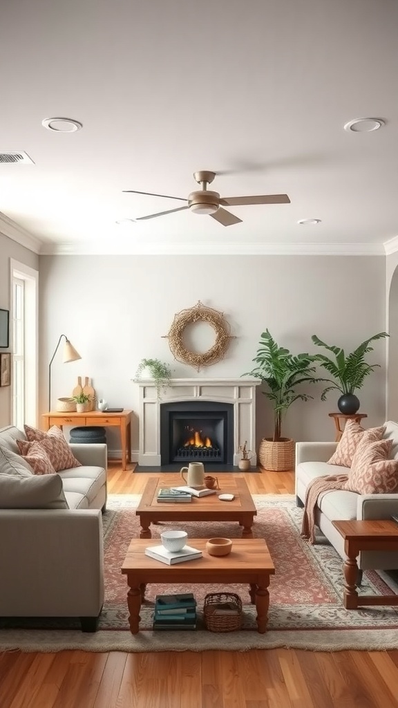 Cozy living room with neutral colors, wooden furniture, and plants.