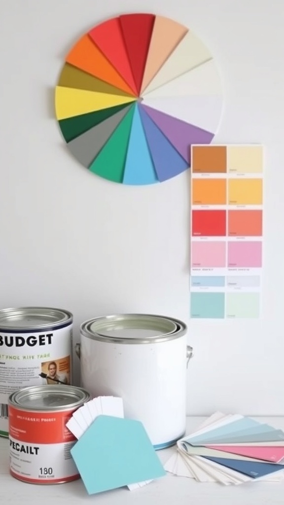 A color wheel with various paint samples and cans labeled 'BUDGET' and 'SPECALIT'.