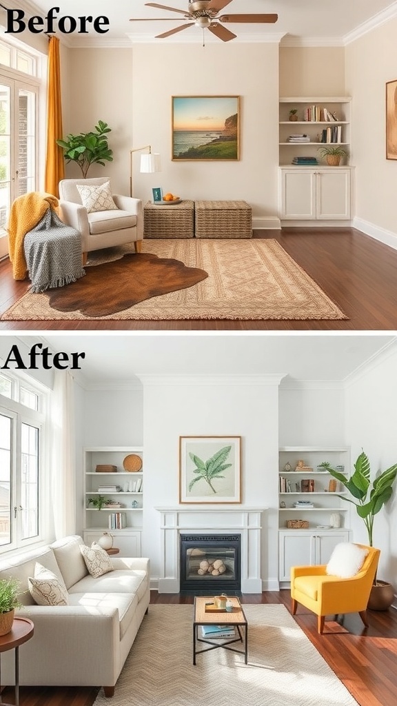 Before and after home makeover showing a living room transformation with color changes