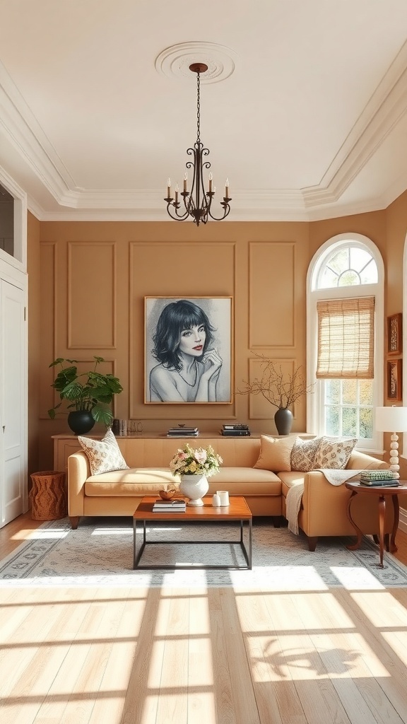 Cozy living room with warm neutral tones, elegant artwork, and natural light.