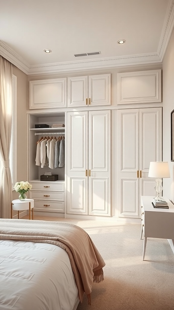 A small bedroom featuring a built-in wardrobe with light colors and elegant accents.