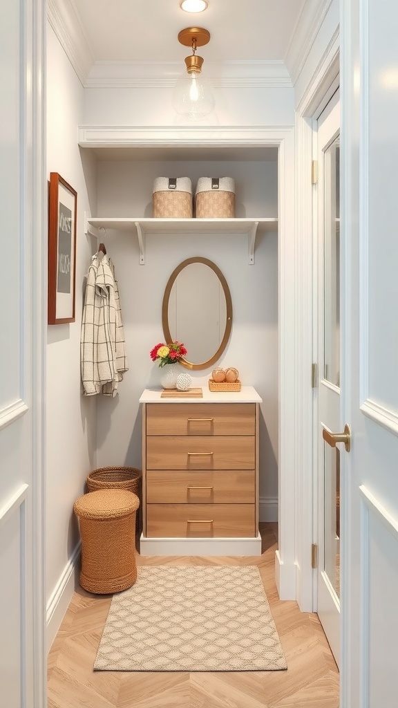 A small, well-organized closet featuring light colors, wooden elements, and decorative items.
