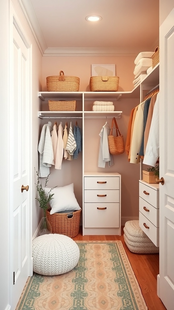 A cozy walk-in closet featuring soft blush walls, wooden accents, and organized shelves with clothing and baskets.