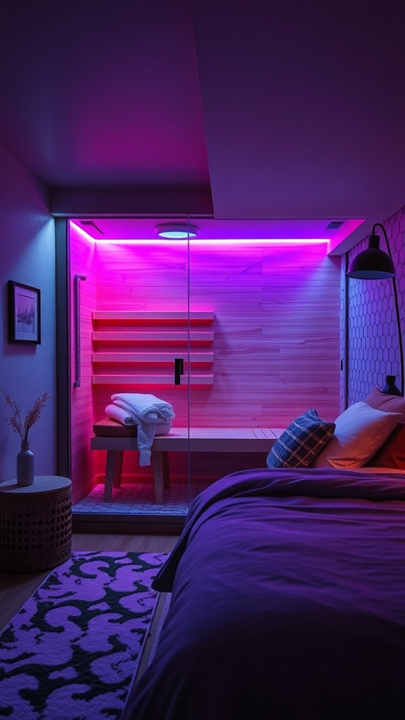 A modern bedroom featuring a color therapy sauna with purple lighting, showcasing a cozy atmosphere.