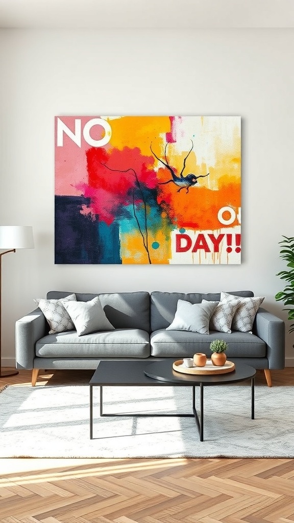 A colorful abstract canvas art piece featuring vibrant colors and playful design, hanging above a gray sofa in a modern living room.