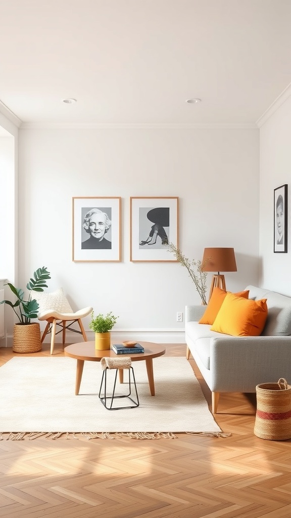 A cozy Scandinavian living room featuring colorful accent pieces like orange cushions and a vibrant vase.