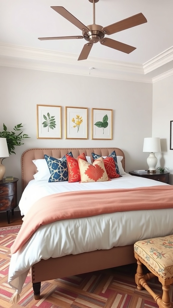 A cozy bedroom featuring a bed with colorful accent pillows, a soft blanket, and decorative artwork on the wall.