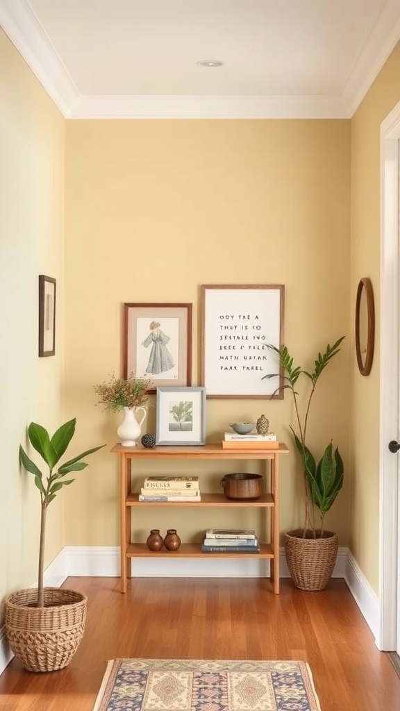 A cozy entryway featuring a colorful accent wall with framed art, plants, and a wooden table.