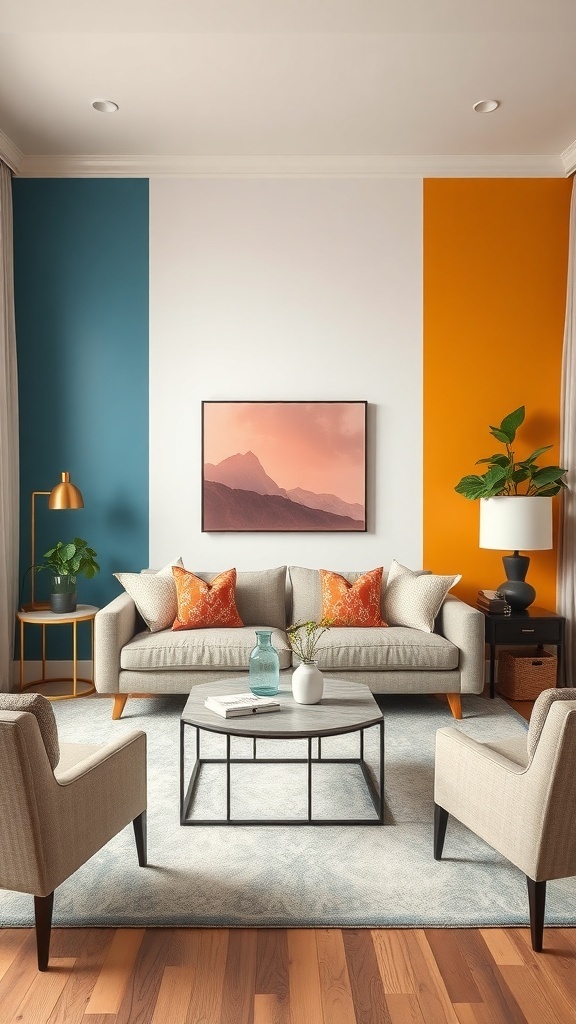 A living room with colorful accent walls in teal and orange, featuring a cozy sofa, decorative pillows, and a coffee table.