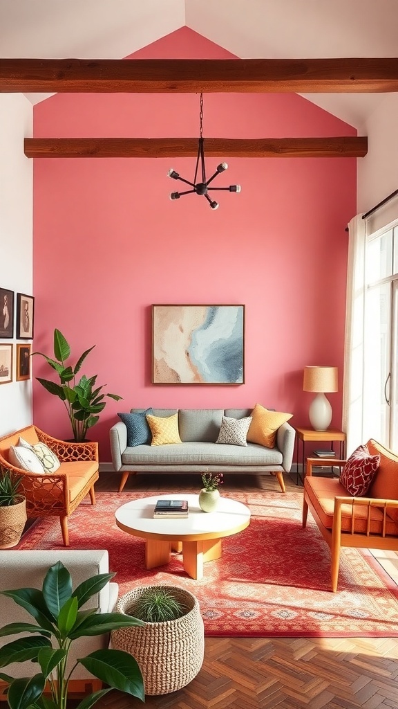 A colorful living room featuring a bright pink accent wall, wooden beams, and stylish furniture.