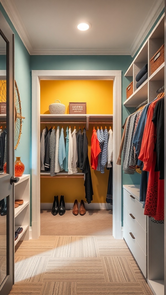 A cozy walk-in closet with a colorful accent wall, featuring a bright yellow wall and teal accents, organized clothing, and decorative items.