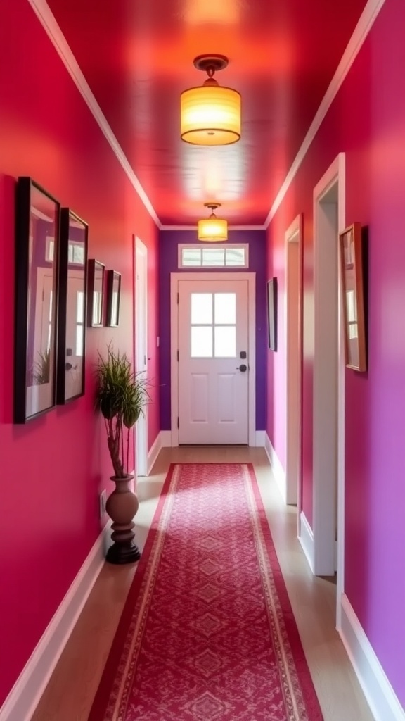 A vibrant hallway with pink accent walls, mirrors, and a patterned runner.