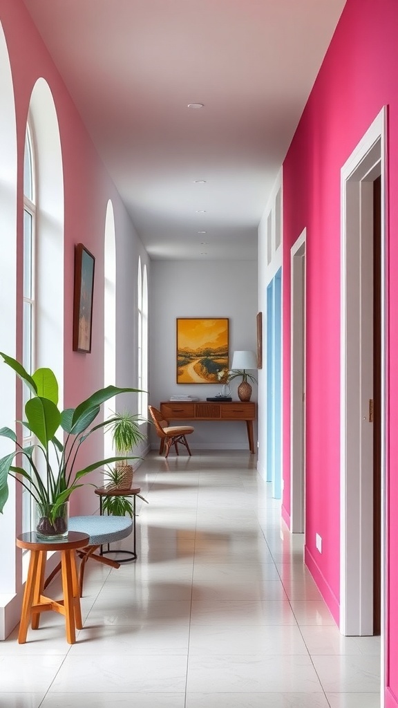 A vibrant hallway featuring colorful accent walls in pink and blue, with plants and stylish furniture.