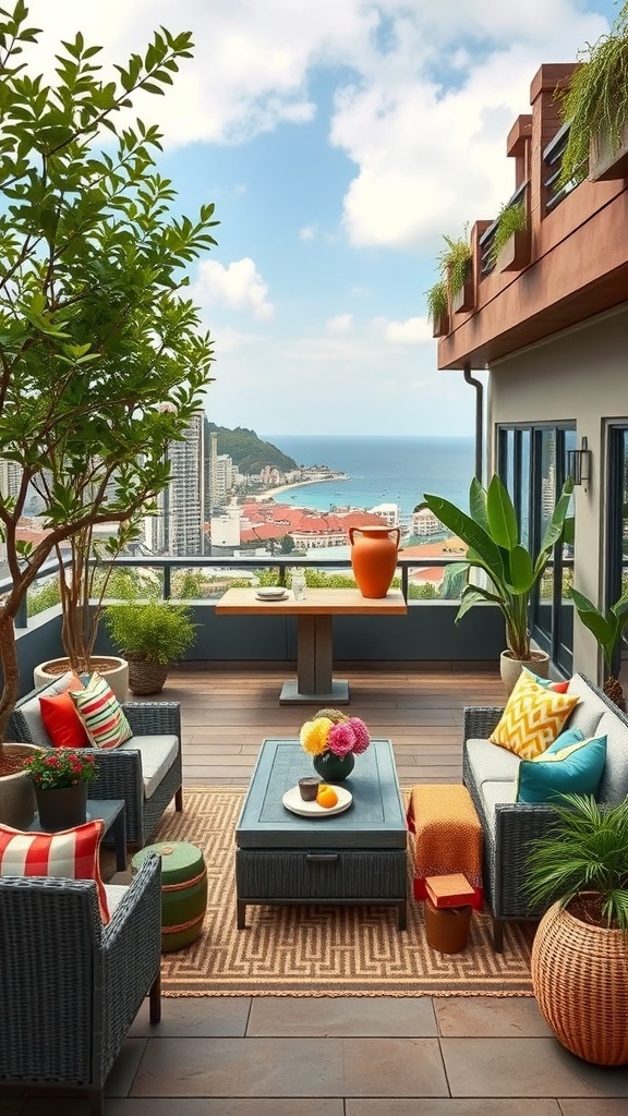 Ein stilvoller Dachgarten mit gemütlichen Sitzgelegenheiten, bunten Kissen und Blick auf das Meer.