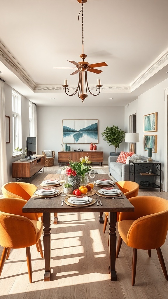 Chic living room and dining area with colorful accents, featuring orange chairs and a wooden dining table.