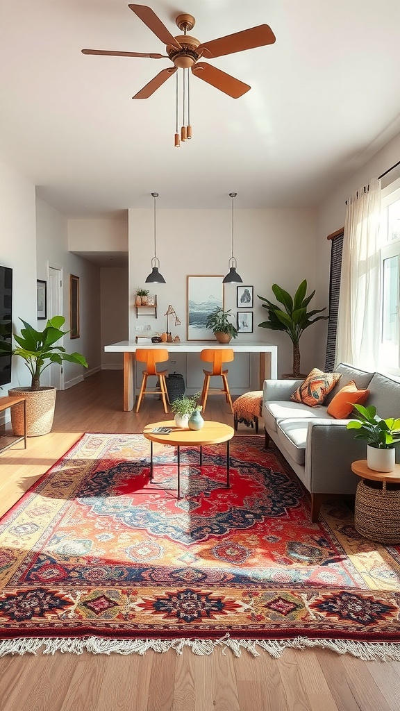 A cozy living area featuring a colorful area rug with intricate patterns, a light wood floor, and stylish furniture.