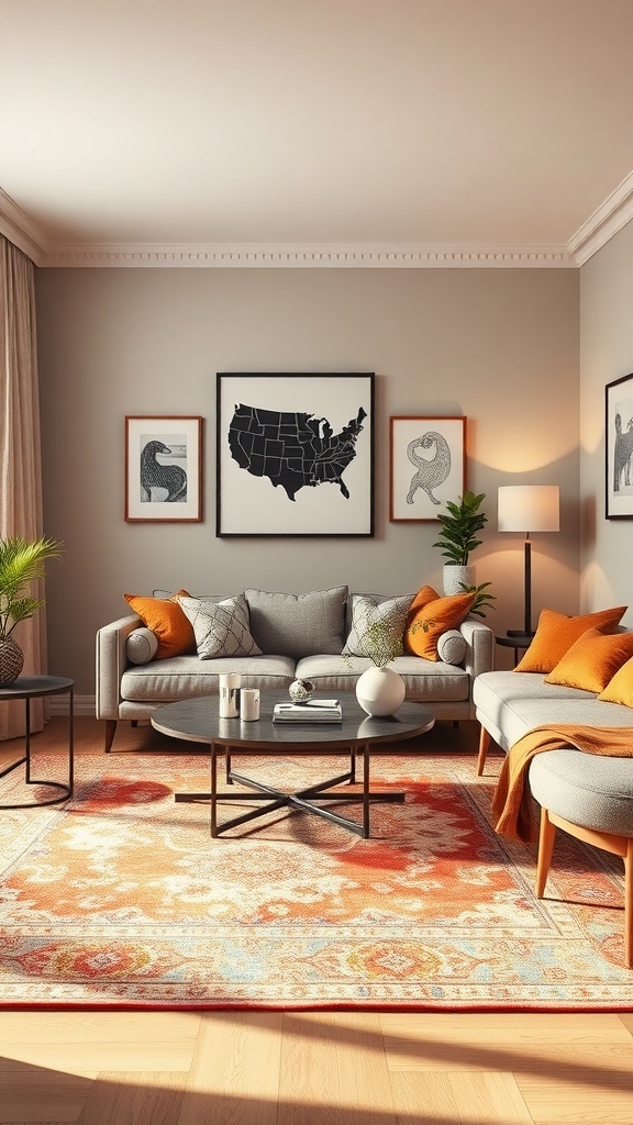 A stylish living room featuring a colorful area rug with orange and blue patterns, gray sofas, and decorative pillows.