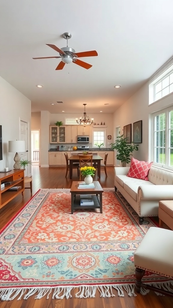 A cozy living room featuring a colorful area rug with intricate patterns, complementing the light decor and wooden flooring.