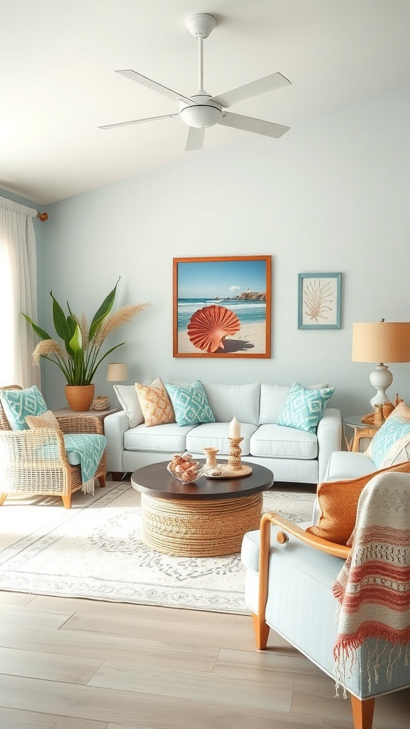 A cozy beach-inspired living room featuring light blue walls, colorful throw pillows, and coastal decor.