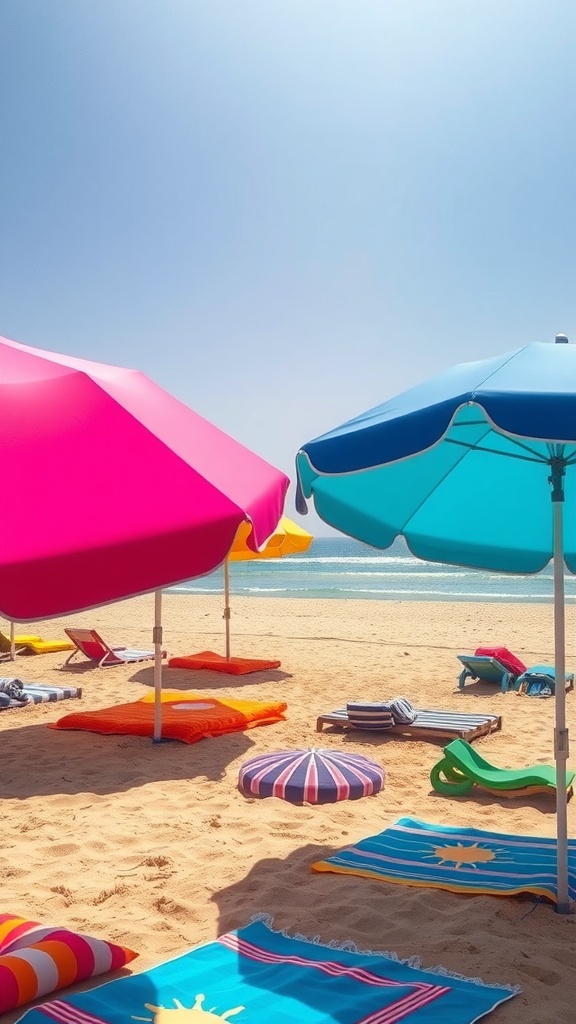 Colorful beach umbrellas in pink and blue on a sandy beach with cushions and striped mats.
