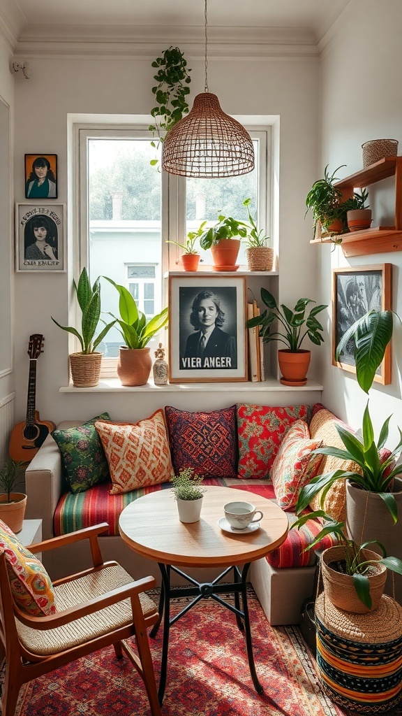 A colorful bohemian coffee nook with plants, cushions, and a round wooden table.