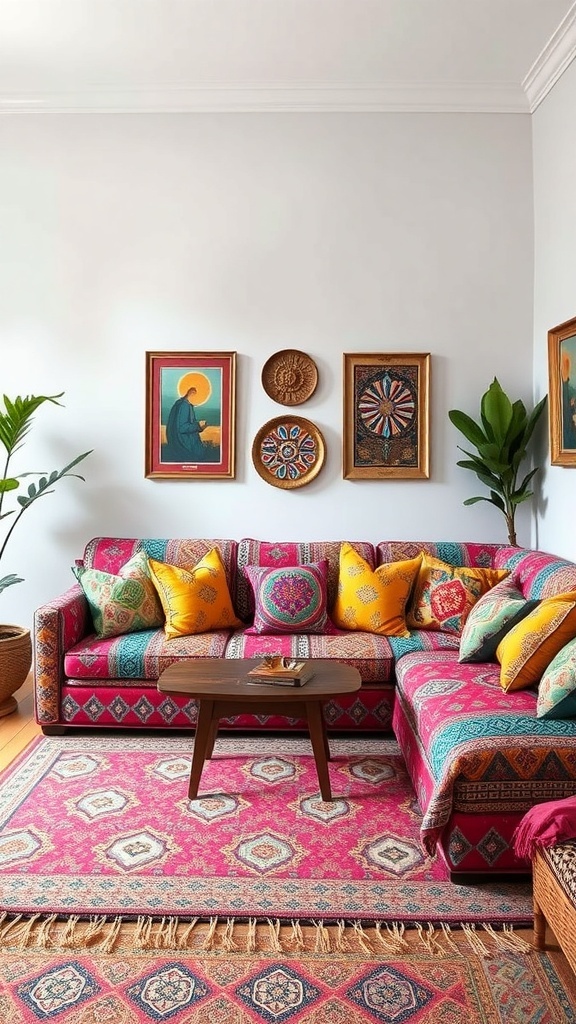 A colorful bohemian sofa setup with vibrant cushions, a wooden coffee table, and decorative wall art.