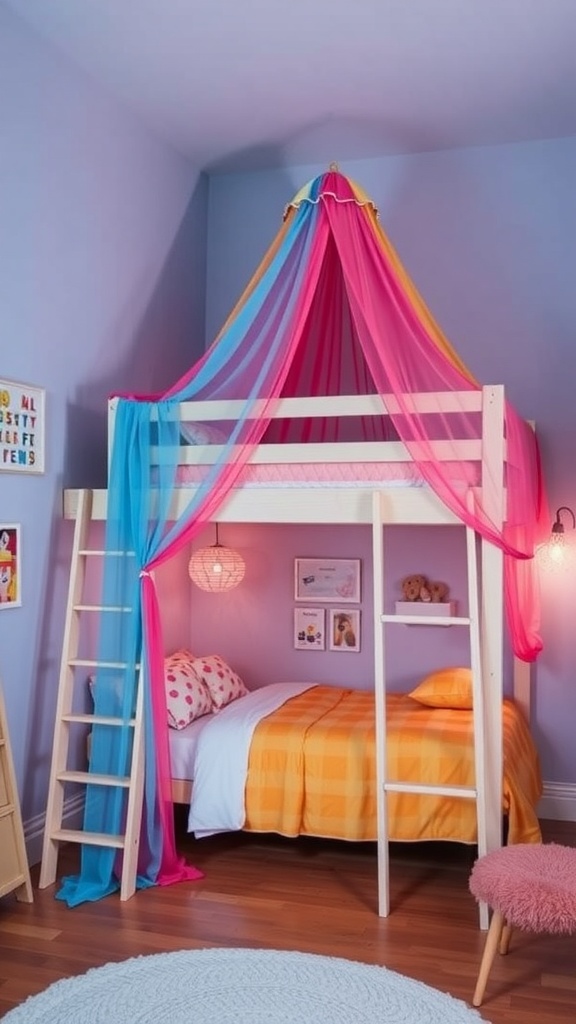 Colorful canopy loft bed with pink and blue drapes, orange bedding, and a cozy atmosphere.