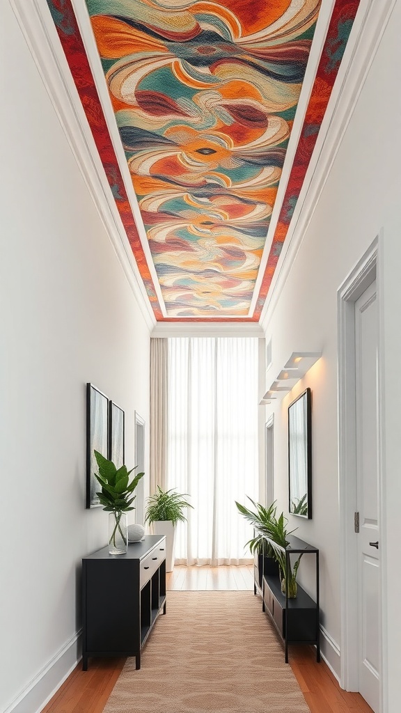 A narrow hallway with a colorful ceiling featuring swirls of orange, teal, and red, complemented by black furniture and plants.