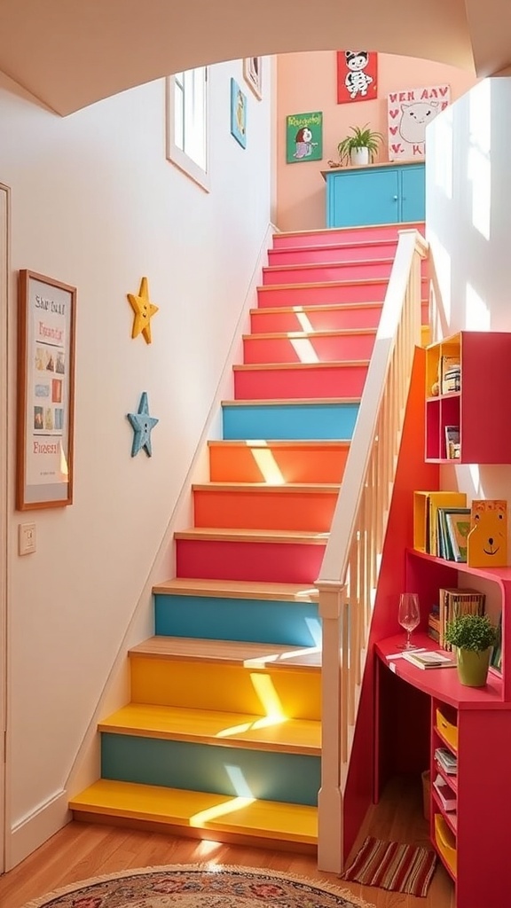 A colorful staircase with bookshelf steps, featuring green and orange colors, filled with children's books.