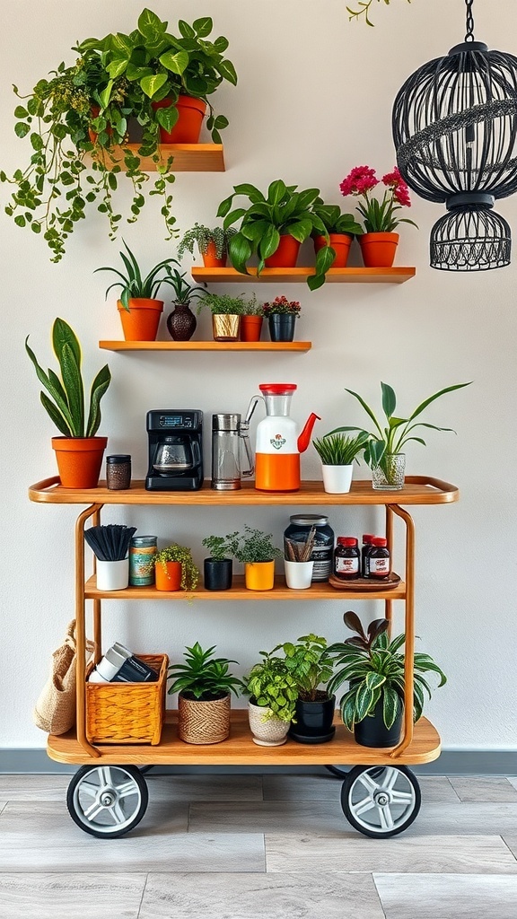 Colorful coffee cart on wheels with plants and coffee essentials
