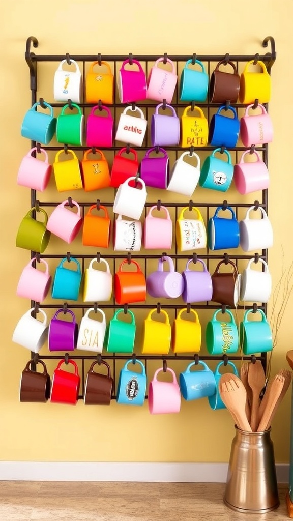 Colorful coffee mug rack displaying a variety of mugs in different colors and styles.