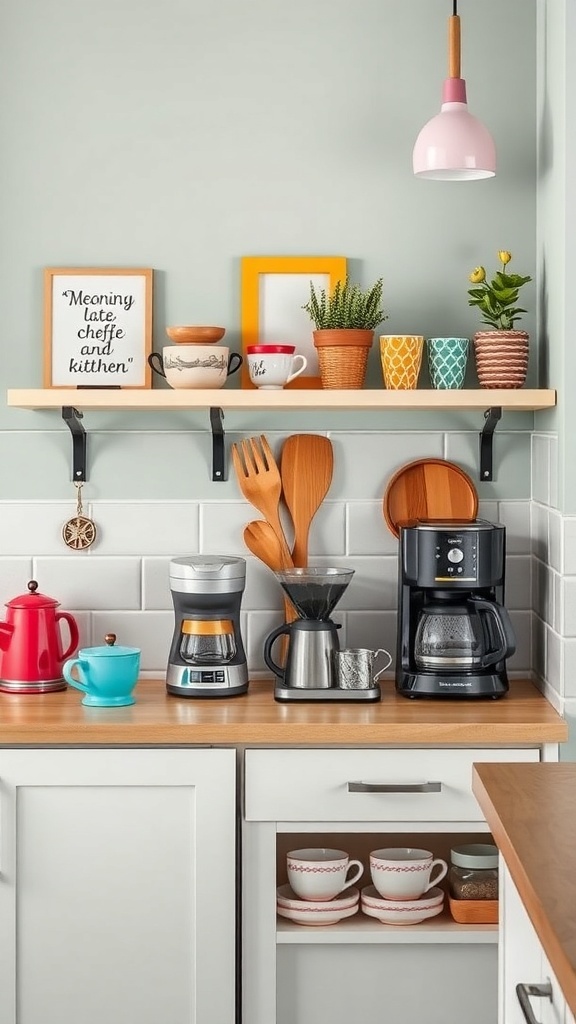 Colorful coffee station with a light green wall, vibrant mugs, and coffee-making tools.