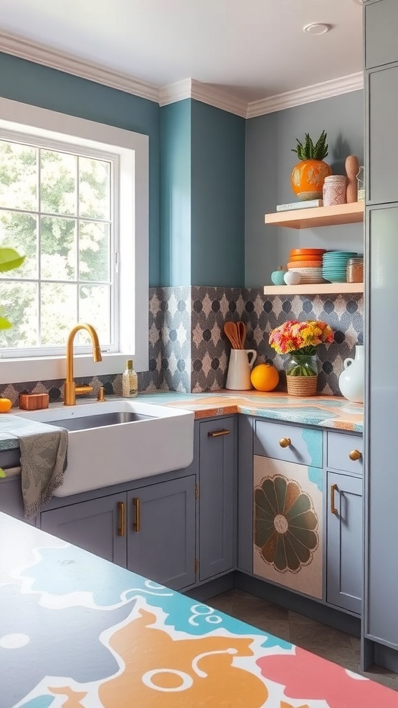 A modern kitchen featuring colorful concrete countertops with pink, orange, and blue patterns, complemented by matching circular designs on the floor.