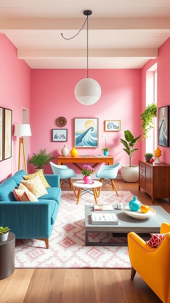 A colorful living room and dining room combo featuring pink walls, a blue sofa, yellow armchair, and modern decor.