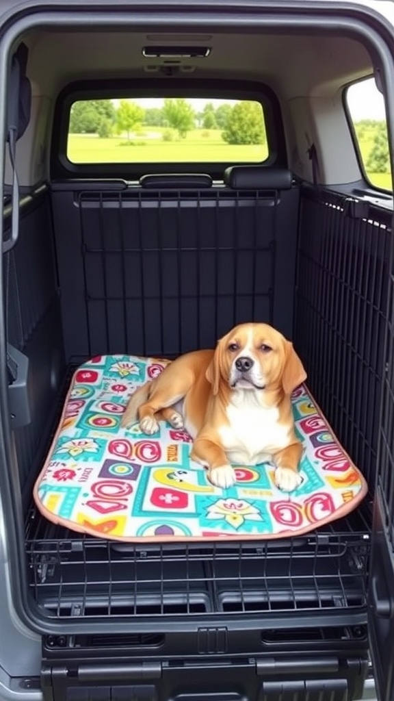 A happy dog resting on a colorful crate pad in a travel crate.