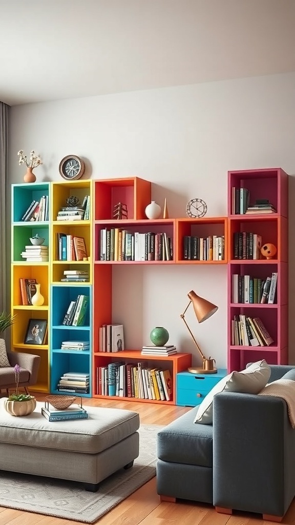 Colorful cube shelving in a living room displaying books and decorative items.