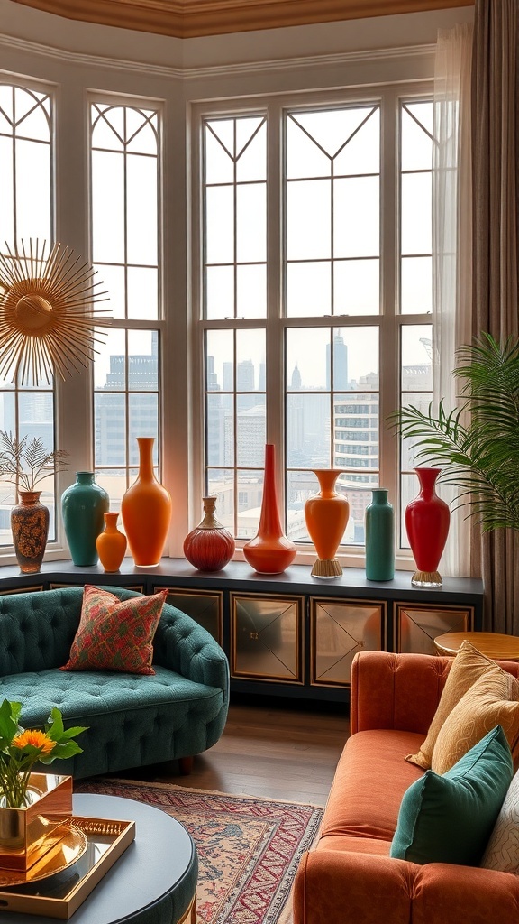 A collection of colorful decorative vases in jewel tones displayed on a console table in a stylish living room.