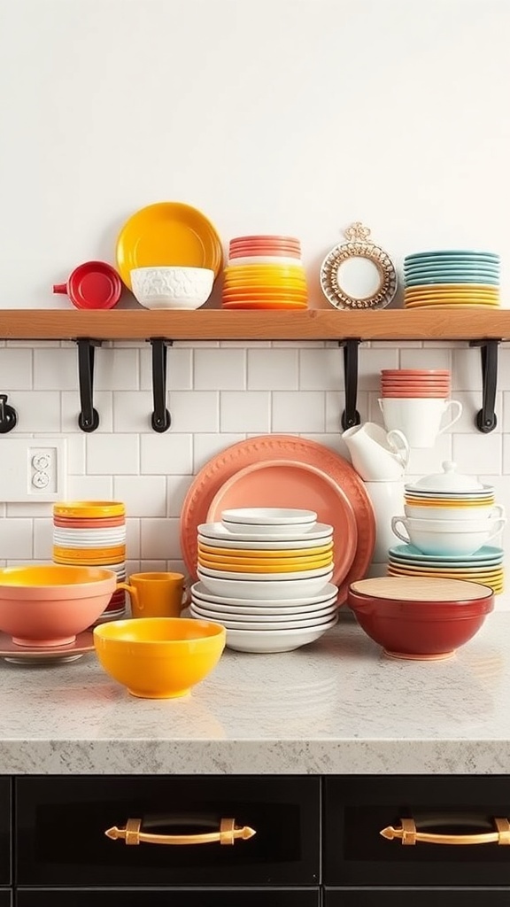 Colorful dinnerware display on a kitchen countertop with various plates and bowls in vibrant colors.