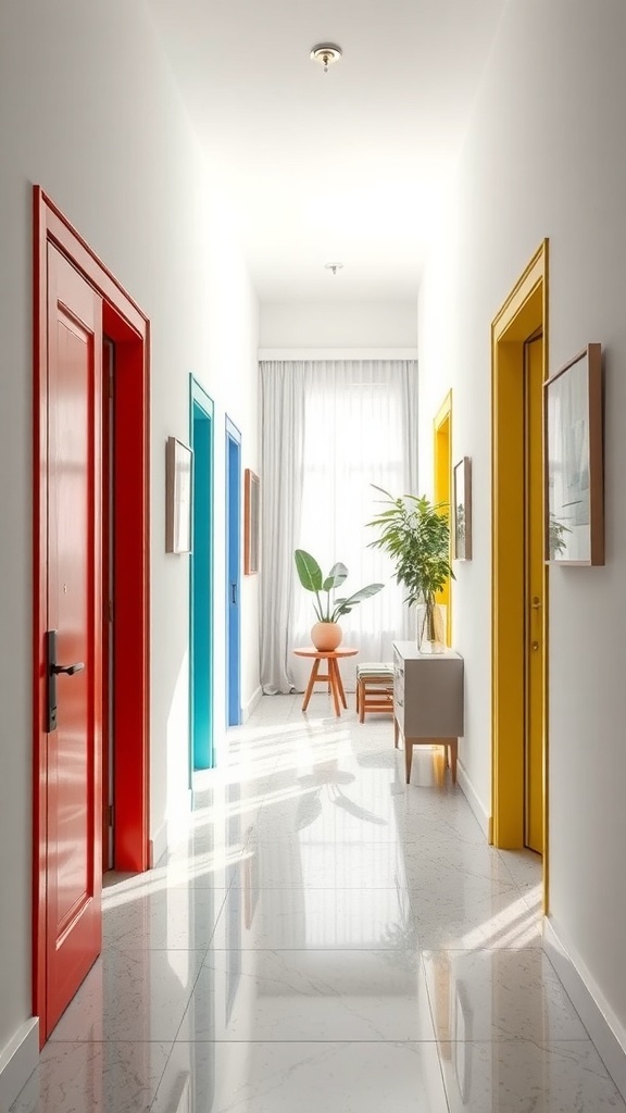 A narrow hallway with colorful doors in red, blue, and yellow, featuring a plant and natural light.