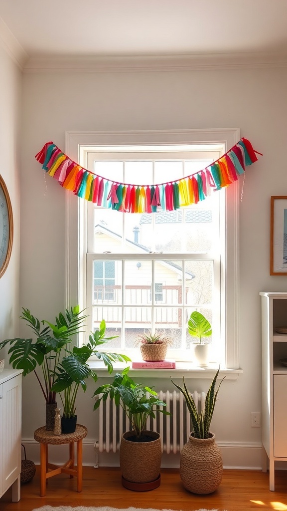 Colorful fabric scrap garland hanging in a bright room with plants.