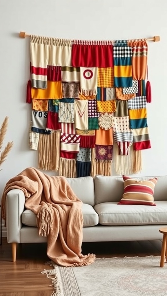 A colorful fabric wall hanging made from various patterned fabric pieces, displayed above a cozy sofa with a throw blanket.