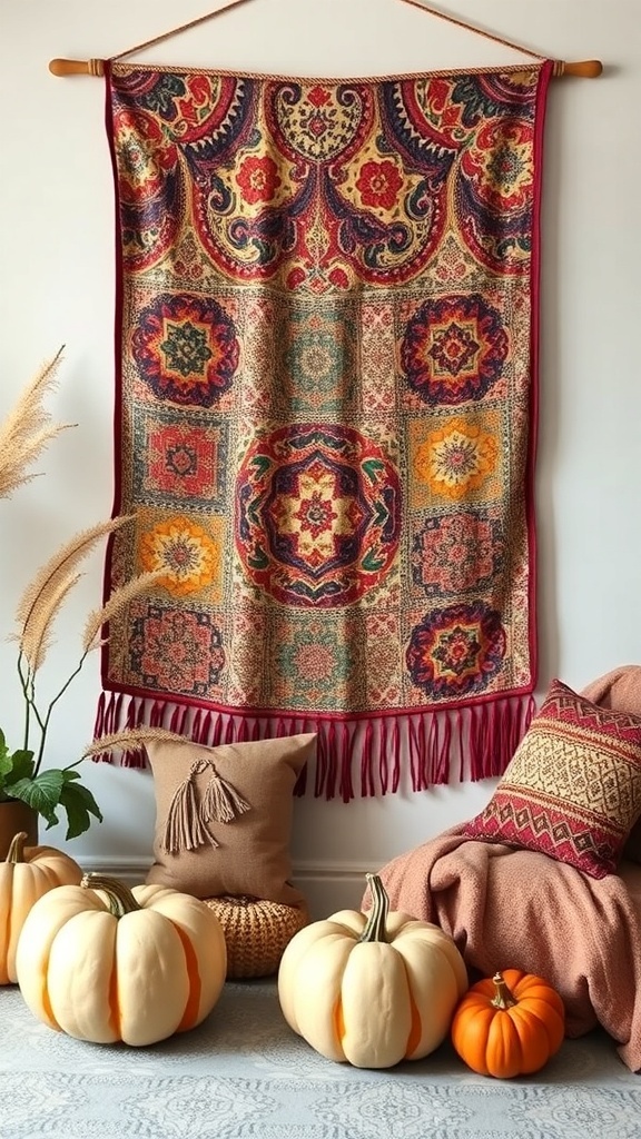 Colorful fabric wall hanging with intricate patterns, surrounded by cozy pillows and pumpkins.
