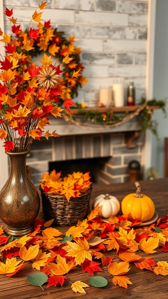 A cozy fall decor scene featuring colorful leaves, a vase, a basket, and pumpkins.