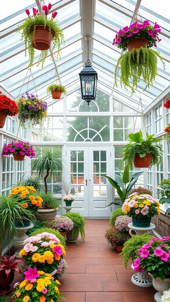 A bright conservatory filled with colorful floral arrangements and hanging plants.
