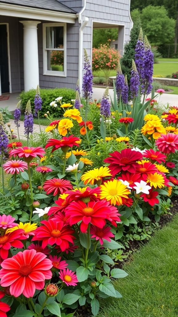 A colorful flower border featuring red, yellow, and purple flowers in a garden setting.
